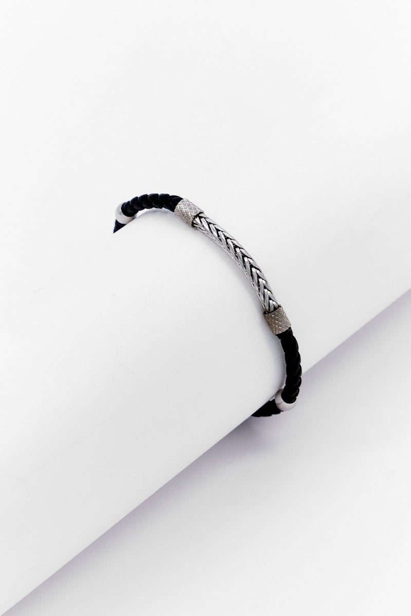 Steeltime Men Braided Leather Stainless Steel Wheat Chain Id Bracelet, Multicolor - Image 1